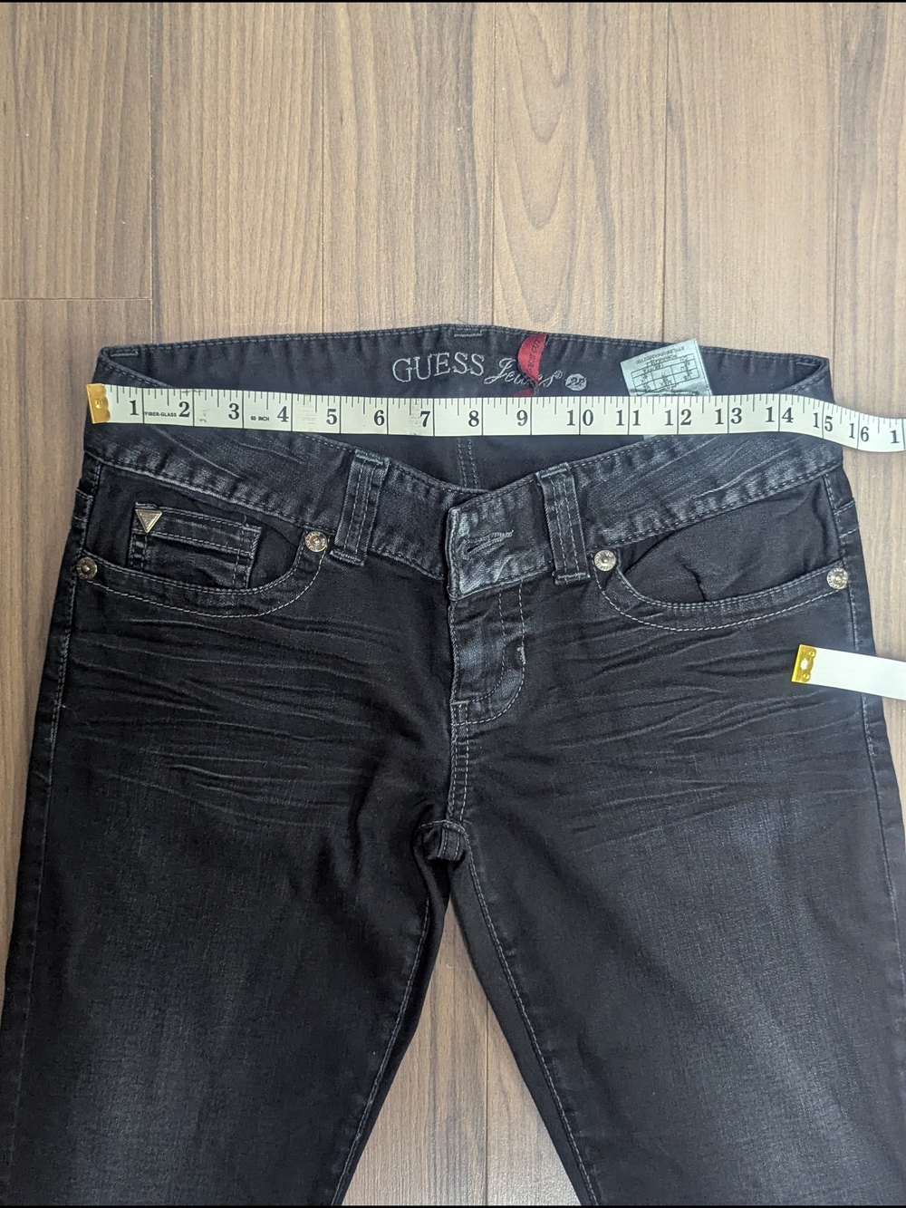 Y2K GUESS Daredevil Boot Cut Jeans – Charcoal Black Rhinestone Pocket – Size 28 - Picture 14 of 15